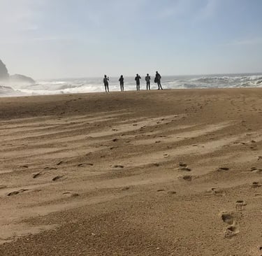 des personnes d'une entreprise ensemble sur la plage qui regardent la mer