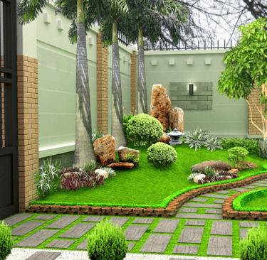 a garden with a green lawn and a stone path