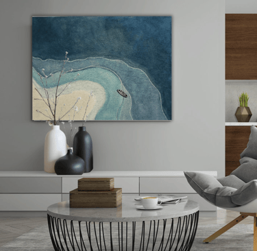 Minimalist Painting of top view of ocean with a still boat.