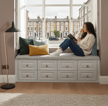a woman sitting on a window sill with a book and a cup of coffee Nour Nagy Designs London interior