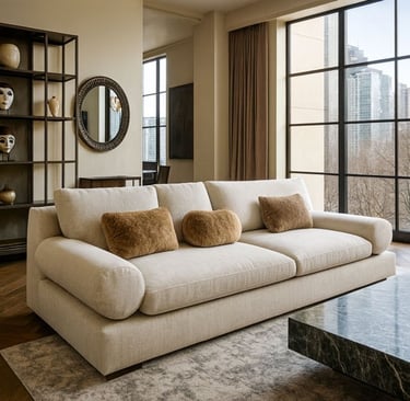 Luxury modern sofa in a sunlit high-rise living room with city views and marble coffee table, by Solo Home Decor.