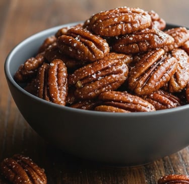 a bowl of nuts and pecans on a table