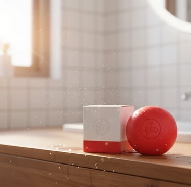 a red ball sitting on top of a wooden counter