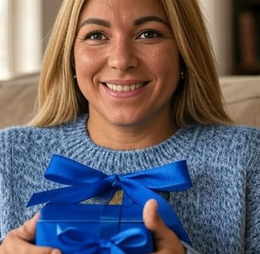 a woman holding a blue present box, launch your online presence