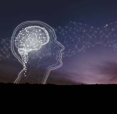 a stylized white line graphic of a head in profile with a glowing brain inside