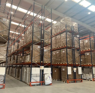 tall pallet racking in narrow aisle configuration with rack end protectors  
