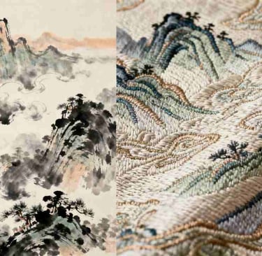 Chinese landscape painting detail contrasted with "Splendid Rivers" jacquard texture.