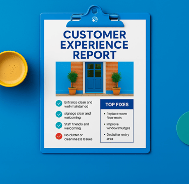 Customer Experience Inspection report on blue clipboard with checklist and improvement notes in a bright café setting.