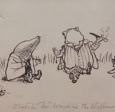 4" x 6" ink sketch of Rat, Mole & Toad by Ernest Shepard