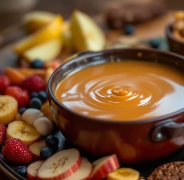 caramel fudge with marshmallows, bananas and other dippers 