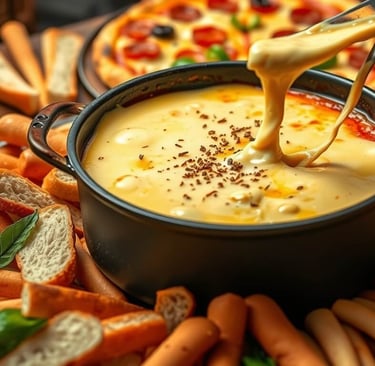 pizza fondue with bread sticks and a pizza