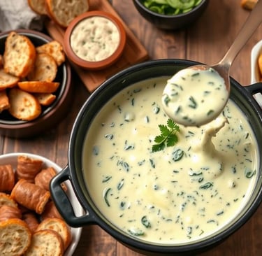 spinach parmesan fondue with crackers and meat dippers