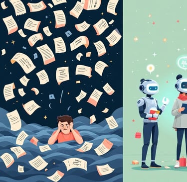 Ilustración comparativa: caos de prompts genéricos vs organización con agentes de IA personalizados