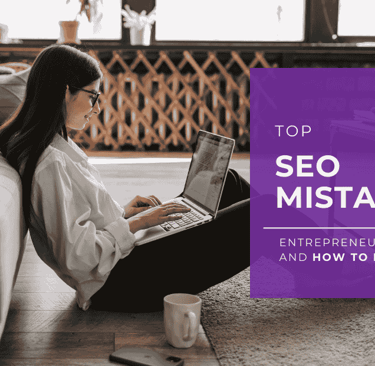 woman working on laptop plus text "Top SEO mistakes"