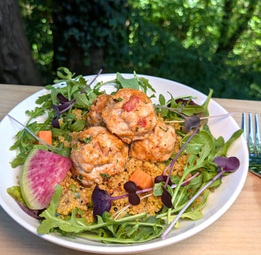 Personal chef meal: Herbed Quinoa & Microgreens Salad with Creole-Spiced turkey meatballs healthy