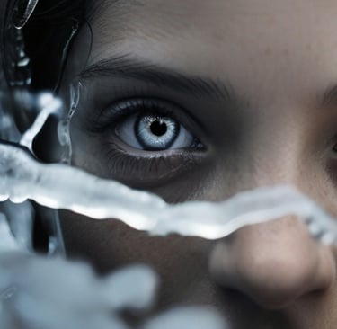 mujer con ojo de hielo mira fijamente