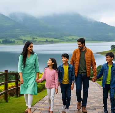 Happy family at a hill viewpoint or walking along landscaped gardens at Railway Dam, Igatpuri.