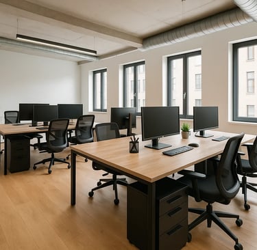 A commercial office space with tables and chairs