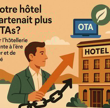 Illustration d’un hôtelier brisant ses chaînes, symbolisant l’émancipation des OTAs, avec un hôtel en arrière-plan et des élé