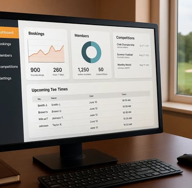 Golf club management dashboard displayed on a desktop monitor showing bookings, members, and competition stats