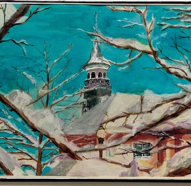 Algonquin Village Town Hall building trough snowy tree branches