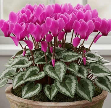 Ciclamen mostrandose florecido en ambiente de luz.