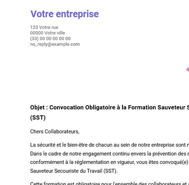 Modele de convocation pour une formation obligatoire SST