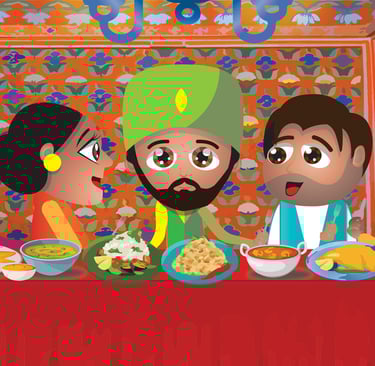 “Festive scene of characters sharing food at a decorated table — cultural children’s illustration.”