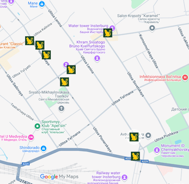 Map of cat statues in Insterburg (Chernyakhovsk)