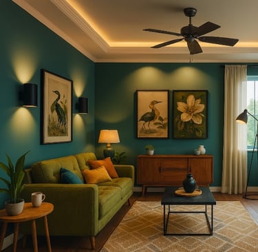 Sala decorada com sofá verde e luz indireta