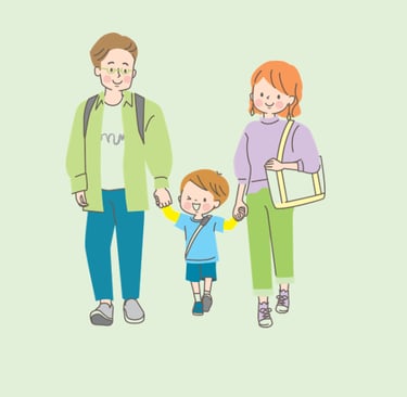 Happy family playing and learning two languages.