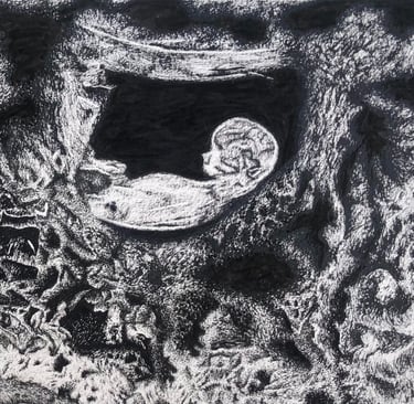 An ink drawing of a fetus inside a cave.