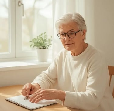 Ruhige Alltagsszene mit einer älteren Person, Notizen liegen auf dem Tisch, vermitteln Orientierung und Gelassenheit
