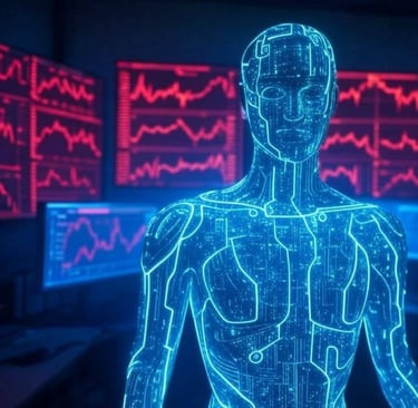 a man in a blue suit standing in front of a computer screen