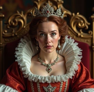 Queen Elizabeth I, sits upon her throne