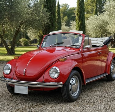 Volkswagen Beetle Cabriolet 1971 rojo clásico descapotable en finca española, ideal para bodas y eventos.