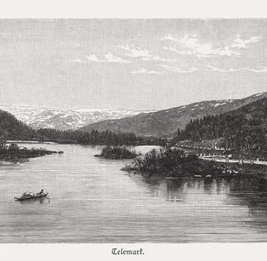 An old pen and ink drawing of mountains and a lake in Telemark
