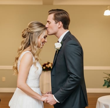 Ένα νεόνυμφο ζευγάρι που χαμογελά και κρατιέται χέρι χέρι.