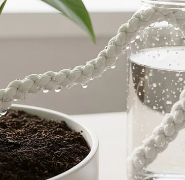 Sistema de autorriego casero con un tarro de agua y un cordón de algodón.