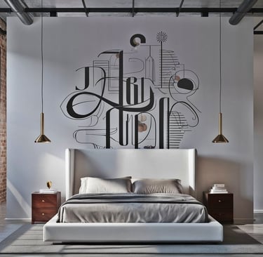 a bedroom with a bed and a wall mural