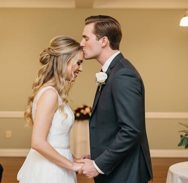 A newlywed couple smiling and holding hands.
