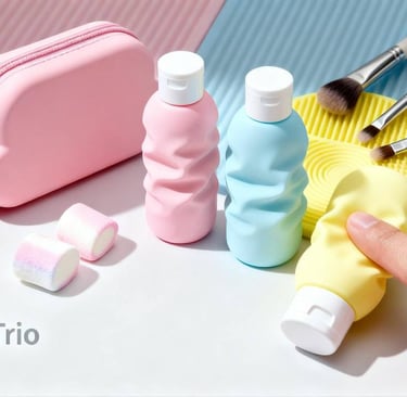  The "Pillow Soft" GWP series, featuring a pink silicone pouch, travel bottles, and a yellow mat.