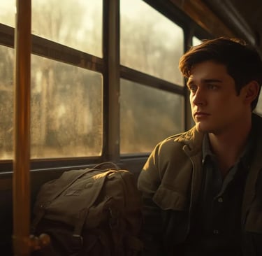 Young boy travelling by a bus alone representing a bold heart.
