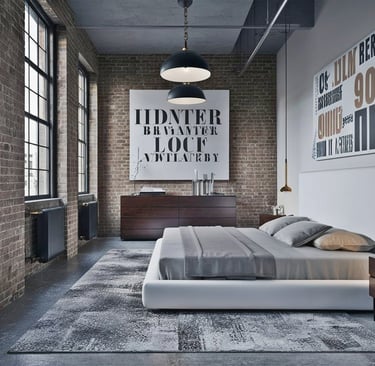 a bedroom with a bed and a large window