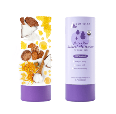 kin+kind natural nose and paw balm stick for dogs and cats featuring shea butter and jojoba oil.
