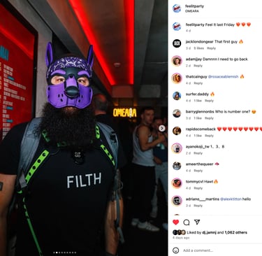 Man in pup mask with social media comments displayed