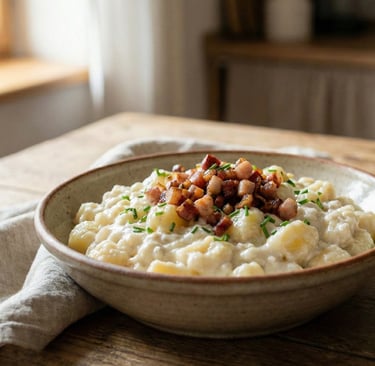 Plato de bryndzové halušky eslovacos servidos en un cuenco rústico, con queso de oveja, bacon