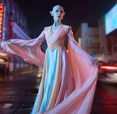 a woman in a long dress standing in the street