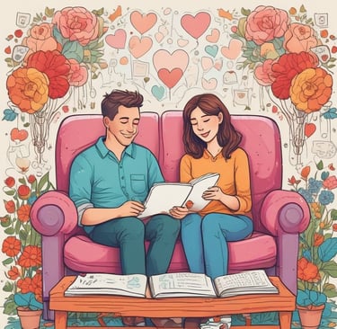 Illustration of couple journaling emotional intimacy prompts, surrounded by hearts, calendar.