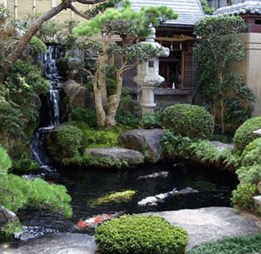 a garden with a pond and a waterfall
